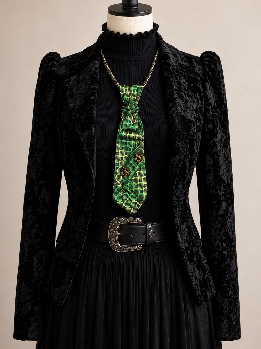 Handcrafted Green Silk Necktie Necklace Halloween Dark Academia Statement Jewel - Picture 13 of 14